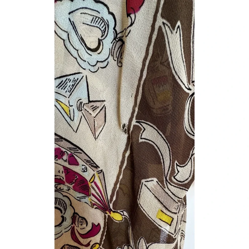 Vtg Sheer Kimono‎ Cardigan Perfume Print Boho Chic Open Front Duster Topper Glam